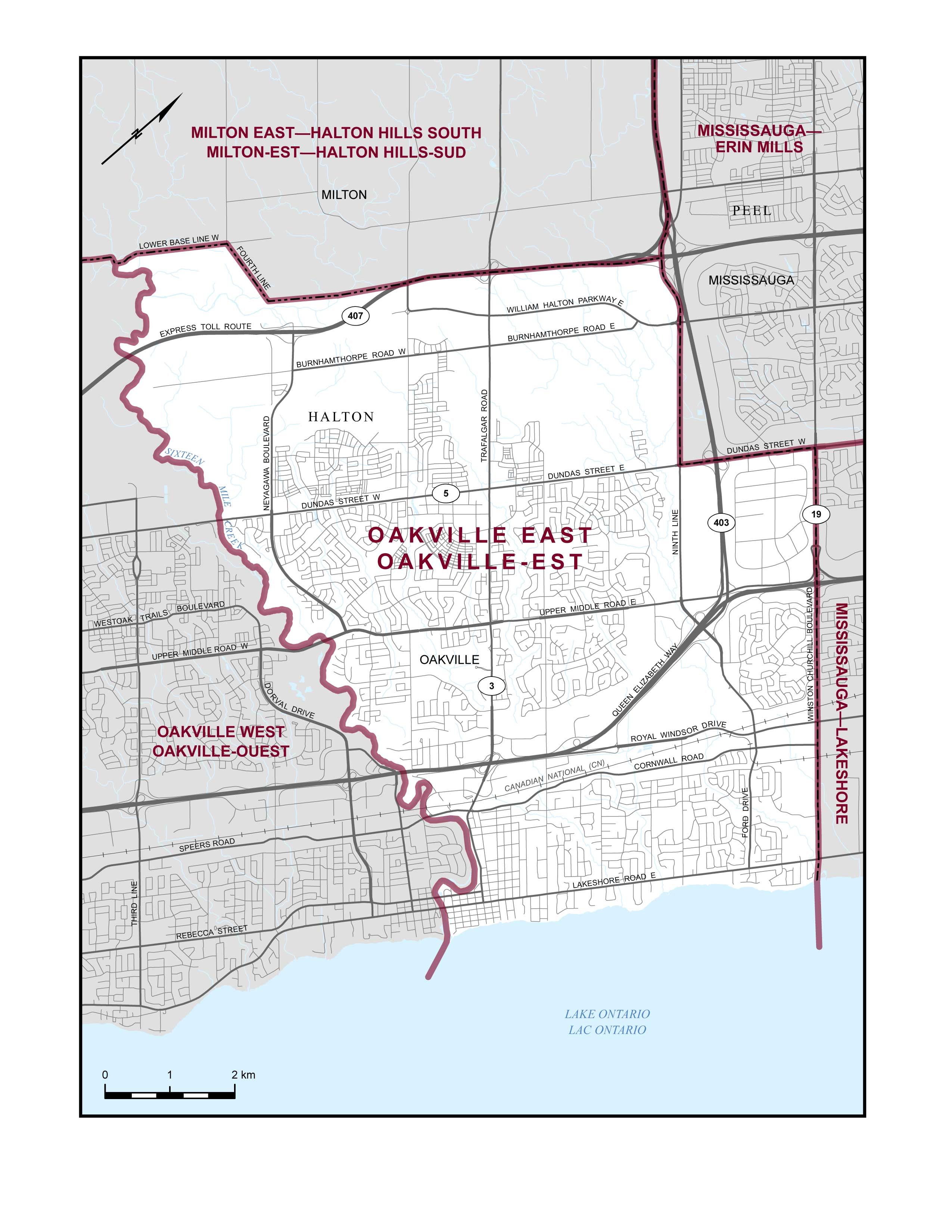 Map of the Oakville East Boundaries from Elections Canada.   Consists of that part of the Town of Oakville lying northerly of a line described as follows: commencing at the intersection of the northwesterly limit of said town and Sixteen Mile Creek; thence generally easterly along said creek to Lake Ontario; thence southeasterly in a straight line to the southeasterly limit of said town.